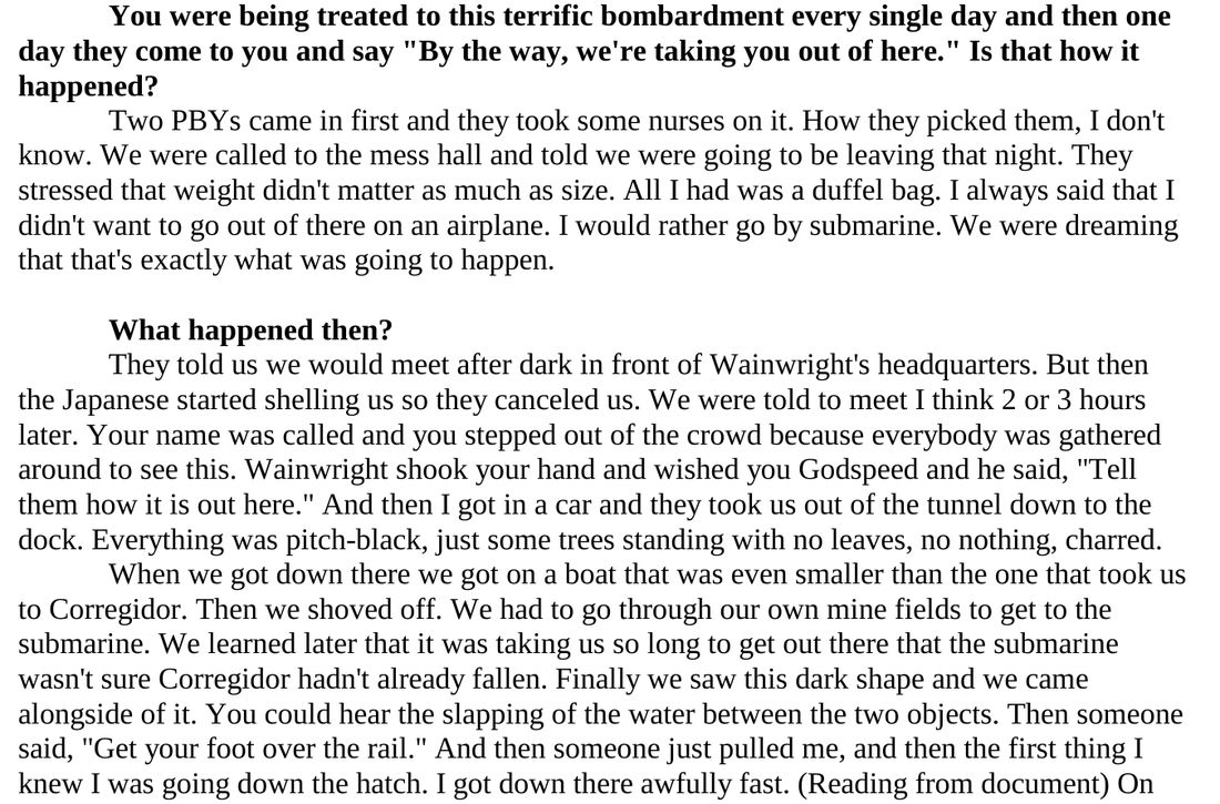 A typed transcript page. A bold question asks how she was evacuated; her answers describe the two PBYs, meeting at Wainwright's headquarters, and the night trip by boat to the submarine.