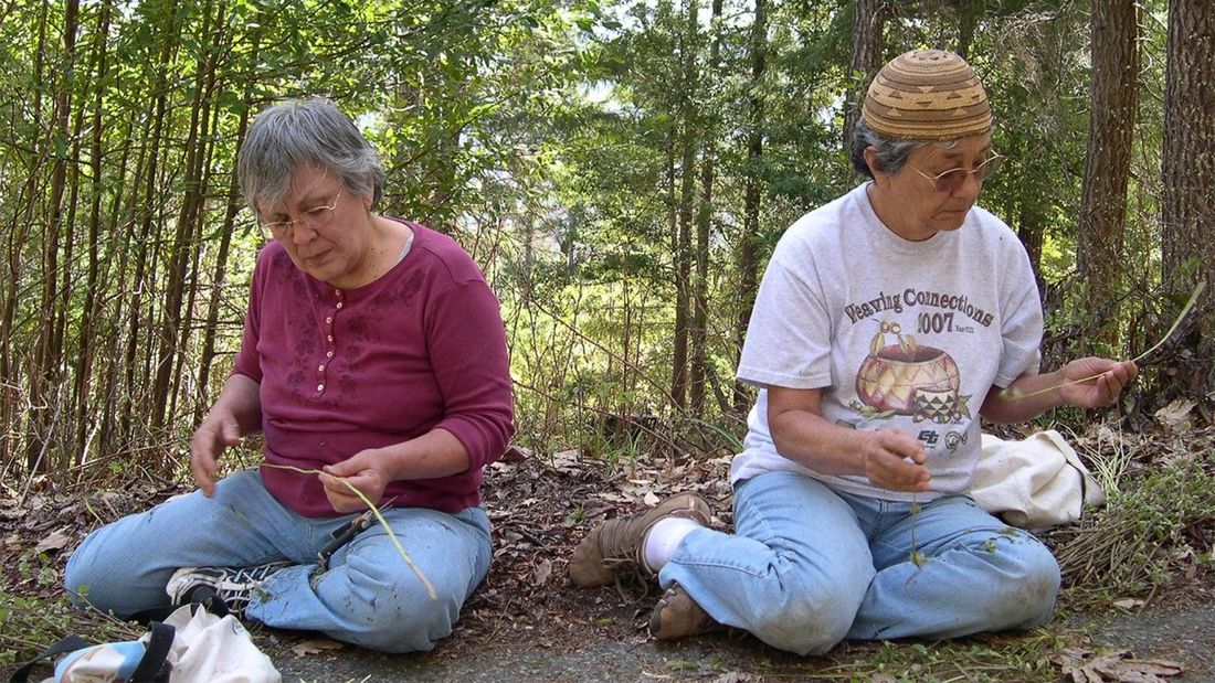 Two women sit on the forest floor among slender young trees, looking over bundles of thin hazel stems.