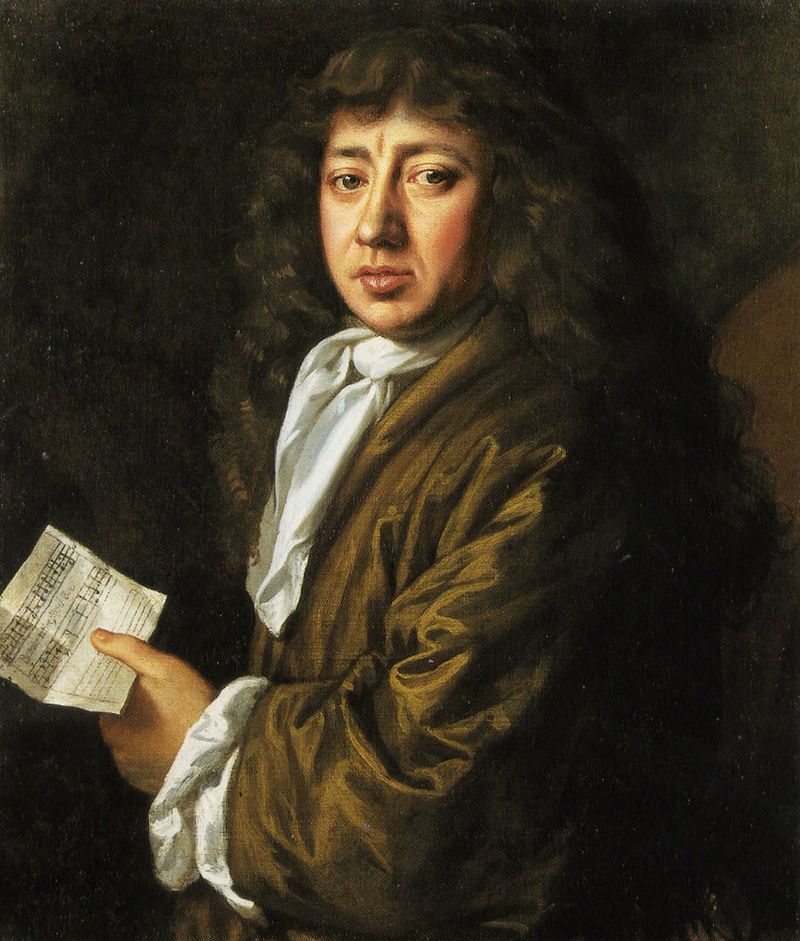 A painted half-length portrait of Samuel Pepys in a brown gown, holding a sheet of music.