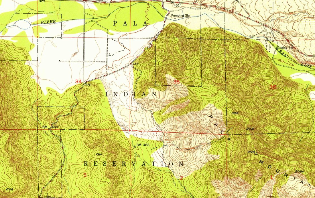 Detail of a 1949 topographic map: green-tinted valley floor and dense brown contour lines, lettered PALA, INDIAN and RESERVATION across the valley, PALA MOUNTAIN along a ridge, and the San Luis Rey River at the right.