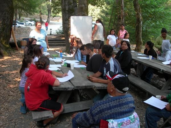 Children and adults sit at long picnic tables under trees, working on papers, while a teacher stands beside a whiteboard on an easel.