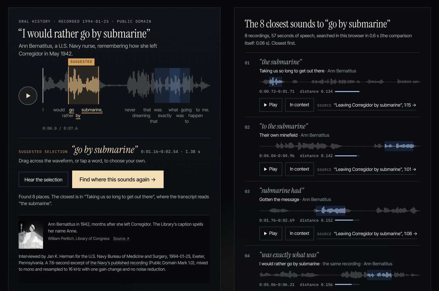 Tierline’s search page: a recording’s waveform with a selected passage, “go by submarine”, and beside it the eight closest sounds in other recordings, each with its words, its time span, its distance and buttons to play it or hear it in context.